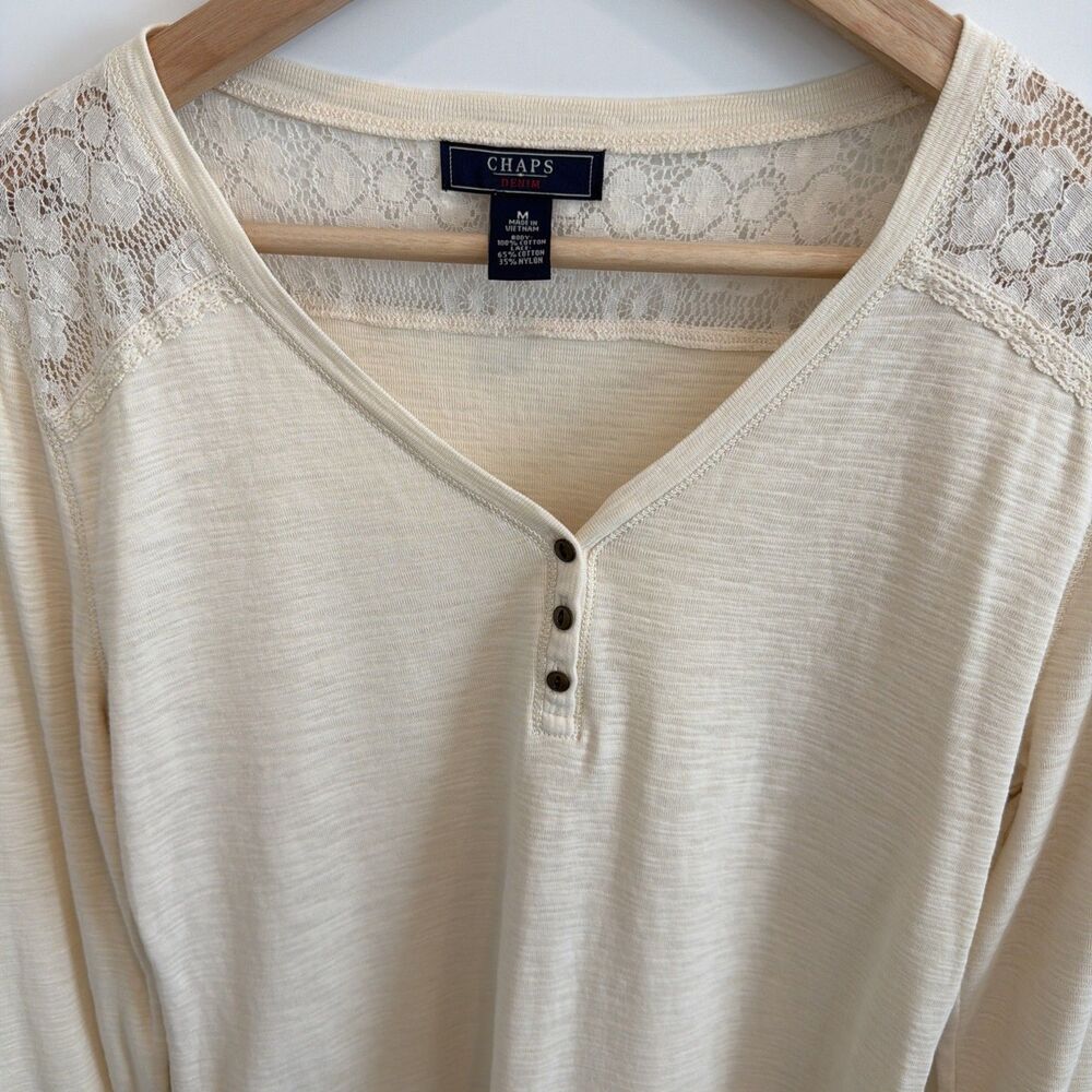 Chaps Womens M Henley Shirt Ivory Lace Trim Western Boho Soft Girl Cottage Rodeo - Picture 9 of 16